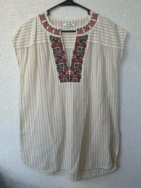Madewell Embroidered Gauze Tunic Top, Medium m, Striped Folk Cross-Stitch EUC